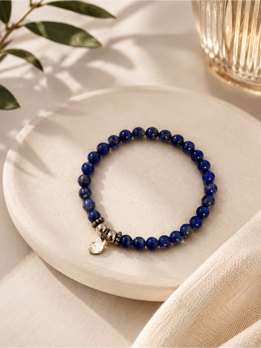 Lapis Bead Stretch Bracelet with Silver Charm - Blue